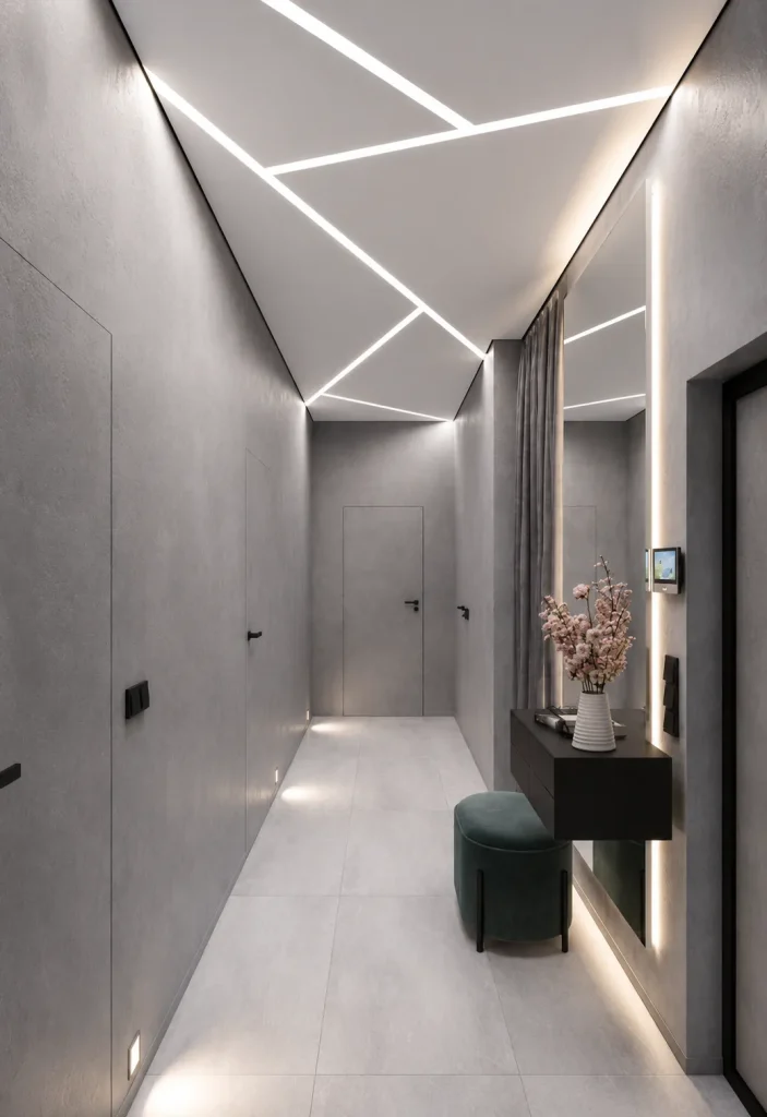 Geometric carve stretch ceiling with illuminated decorative pattern