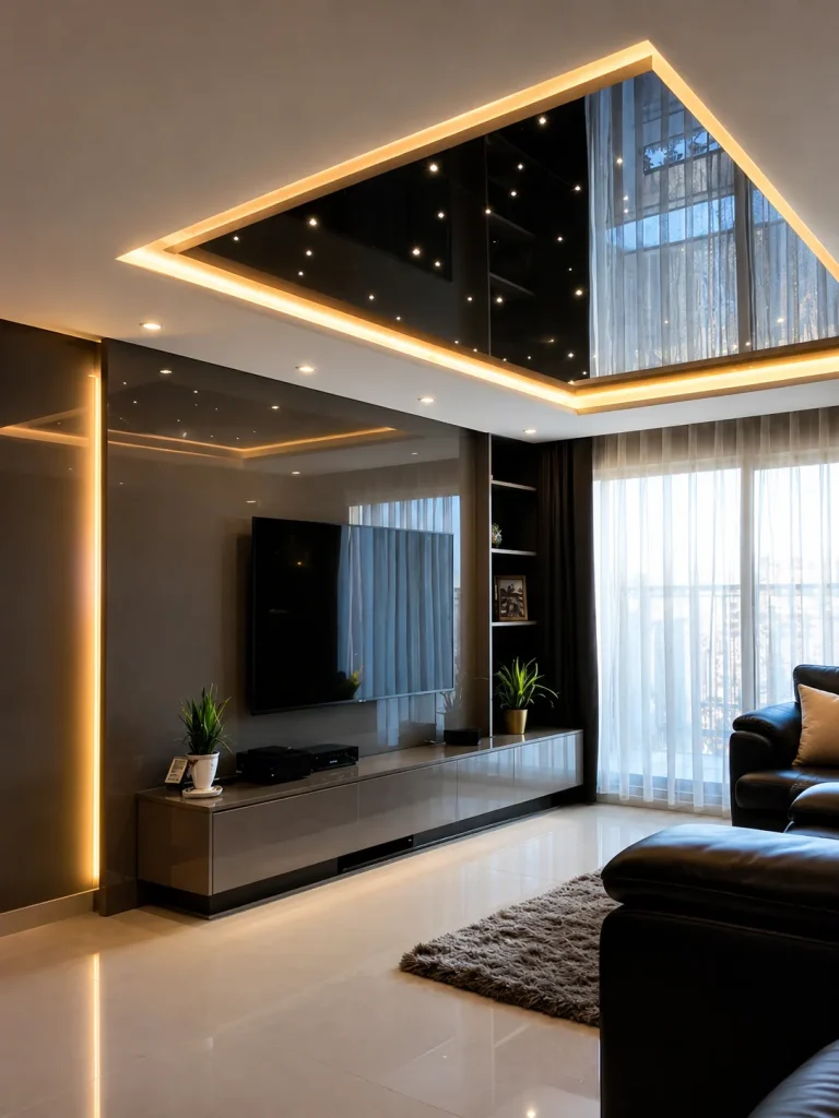 glossy stretch ceiling living room warm lighting