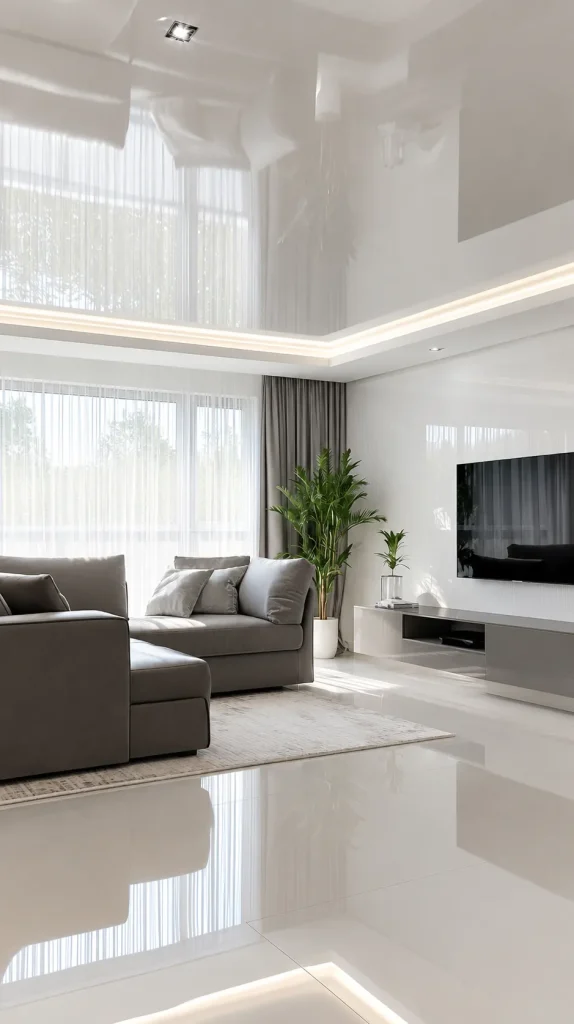 White glossy stretch ceiling in a bright modern living room