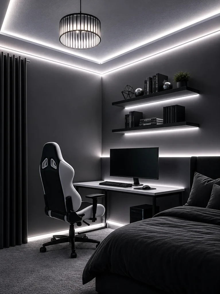 Ambient stretch ceiling lighting in a dark modern bedroom