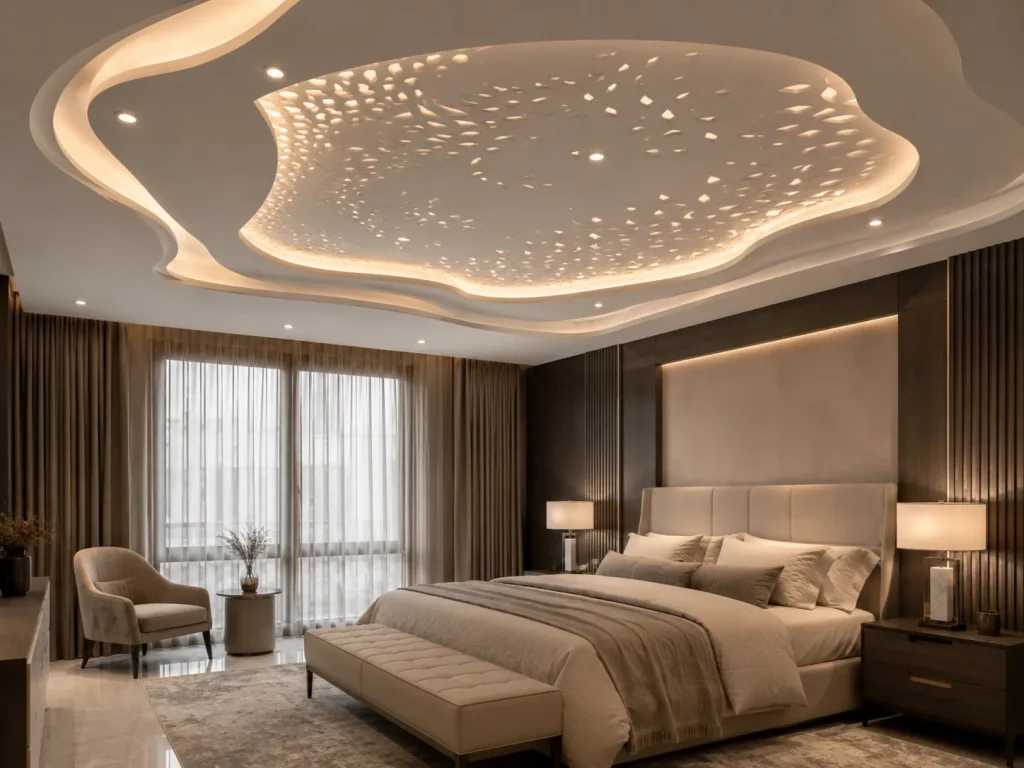 carve stretch ceiling bedroom warm backlighting