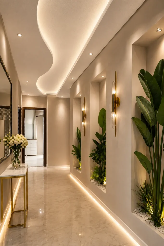 Carve stretch ceiling with curved design and warm LED lighting in a luxury hallway