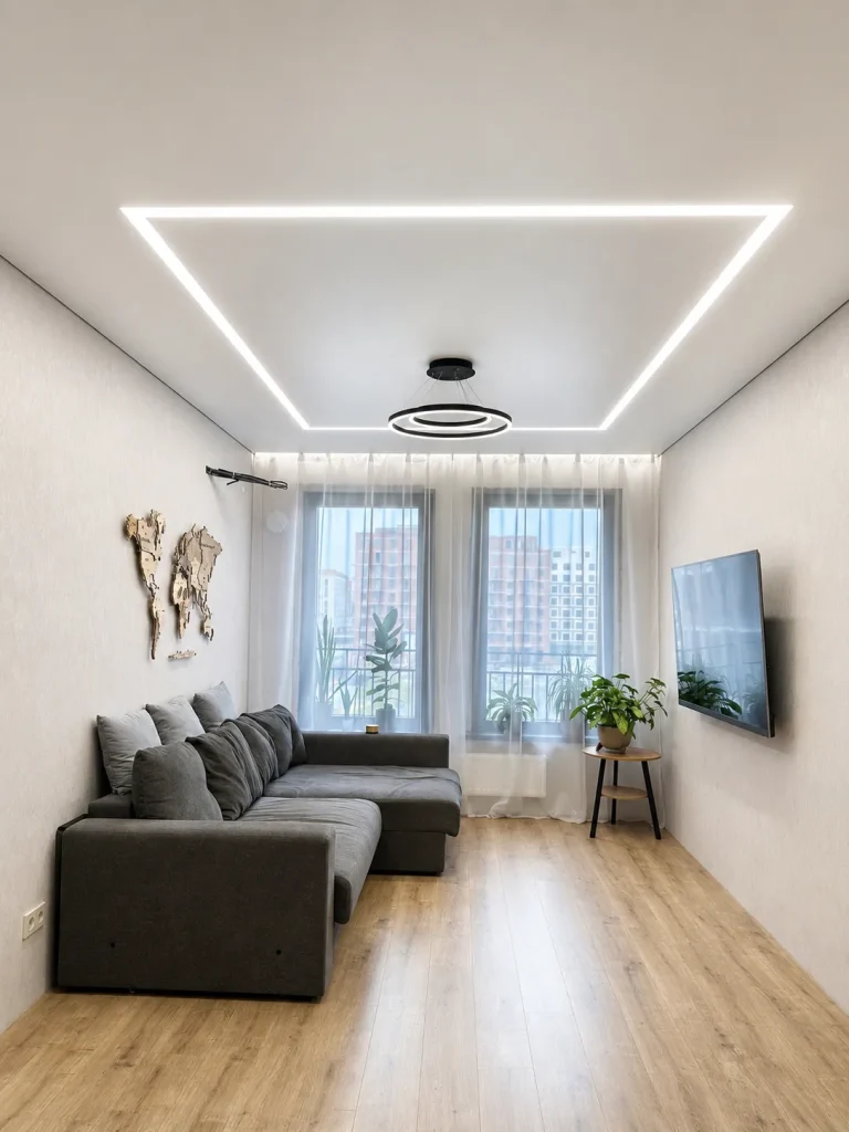 Fabric stretch ceiling with LED frame lighting in a modern London living room