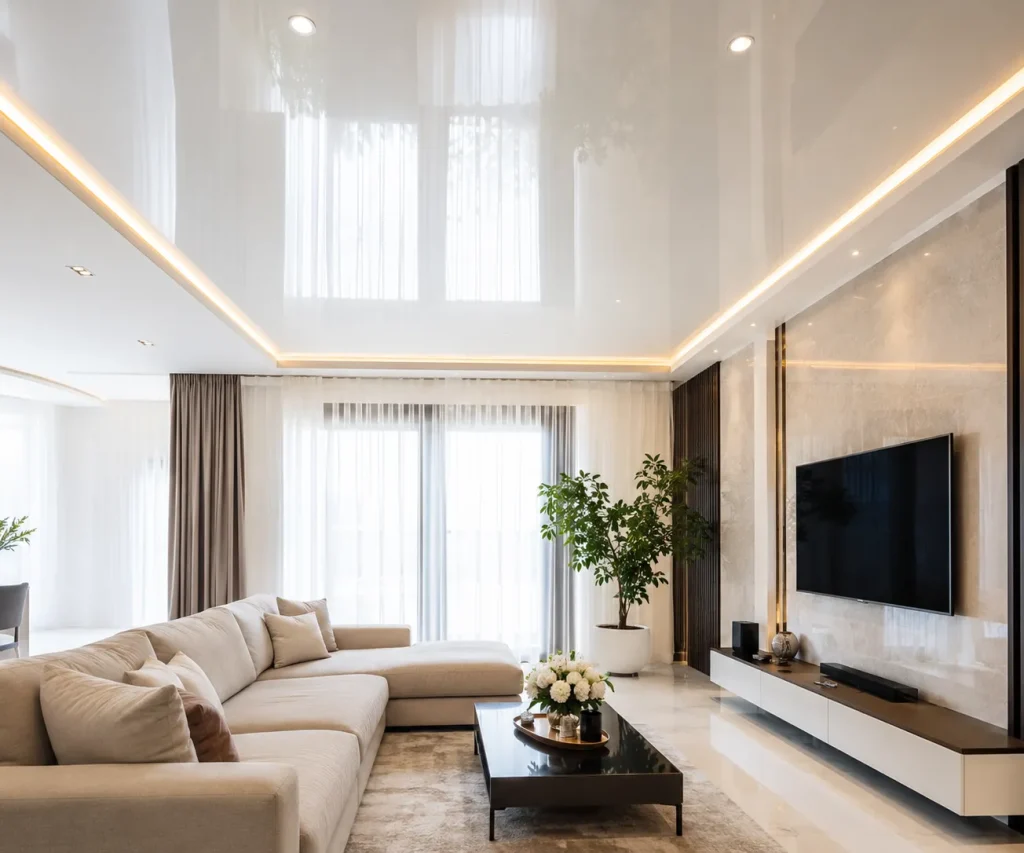 glossy stretch ceiling living room led lighting