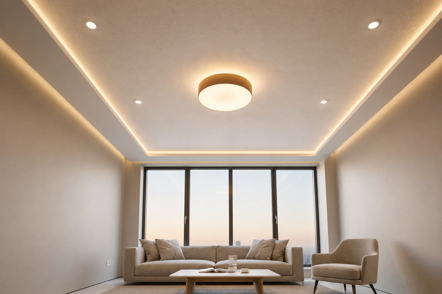 London Glossy stretch ceiling with warm perimeter LED lighting in a modern living room
