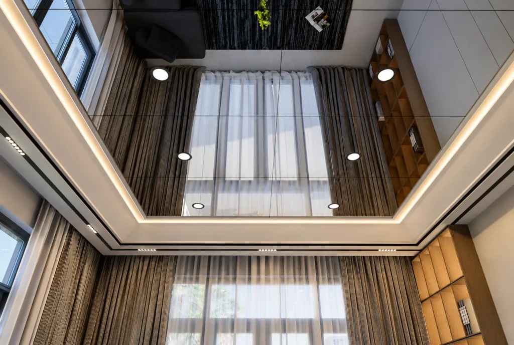 mirror stretch ceiling modern living room