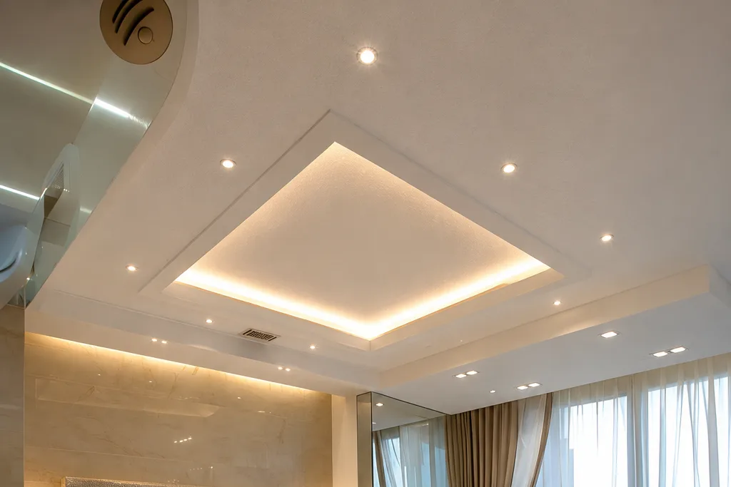 London Multi-level stretch ceiling with green LED lighting in a luxury bedroom