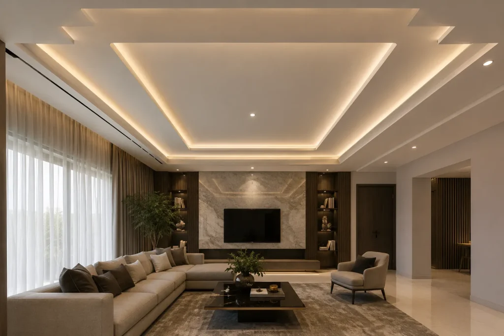multi level stretch ceiling living room warm led lighting