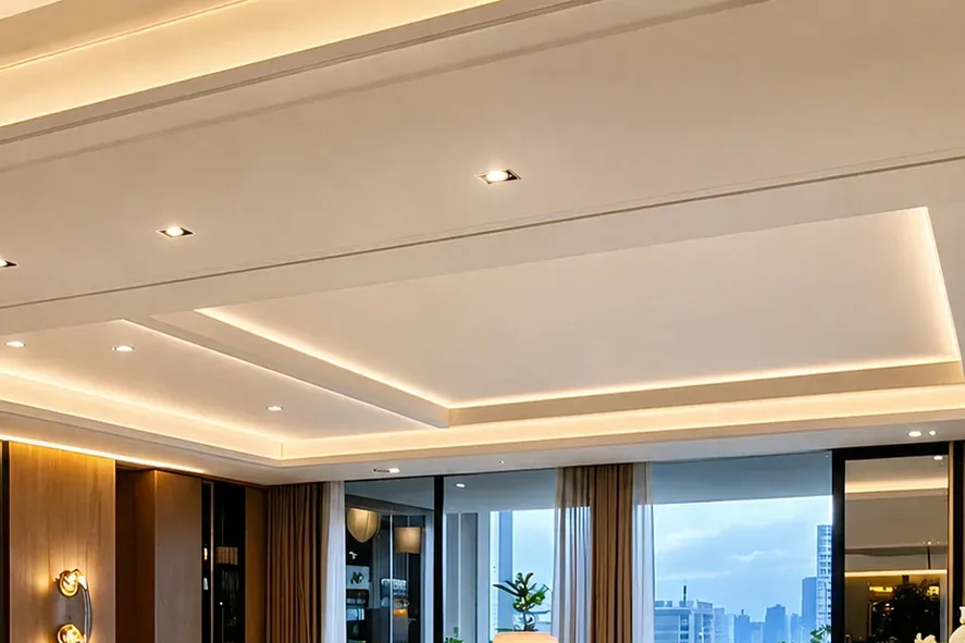 Multi-level Stretch Ceilings Multi-level stretch ceiling with warm LED lighting in a luxury living room