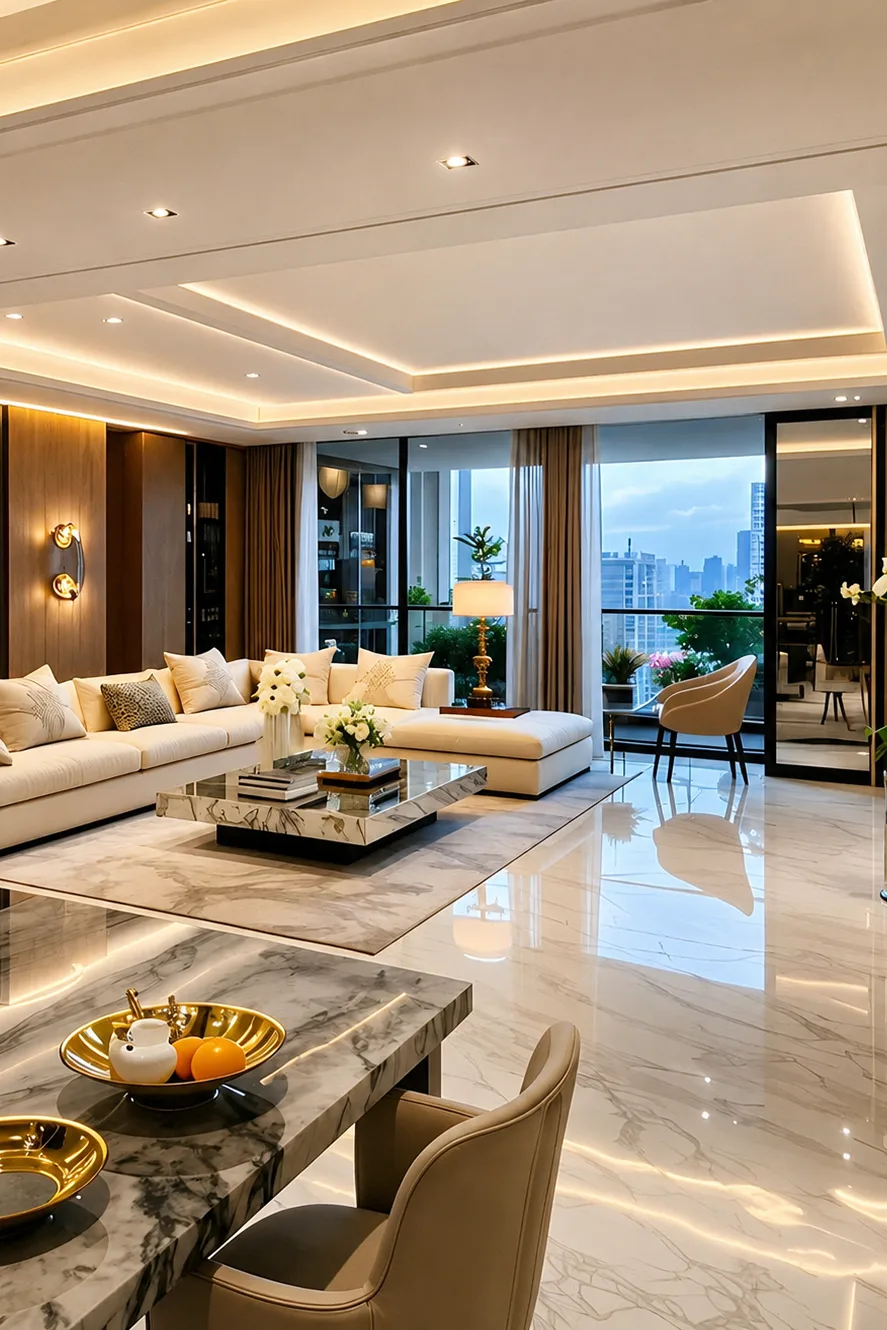 Kent Multi-level stretch ceiling with warm LED lighting in a luxury living room
