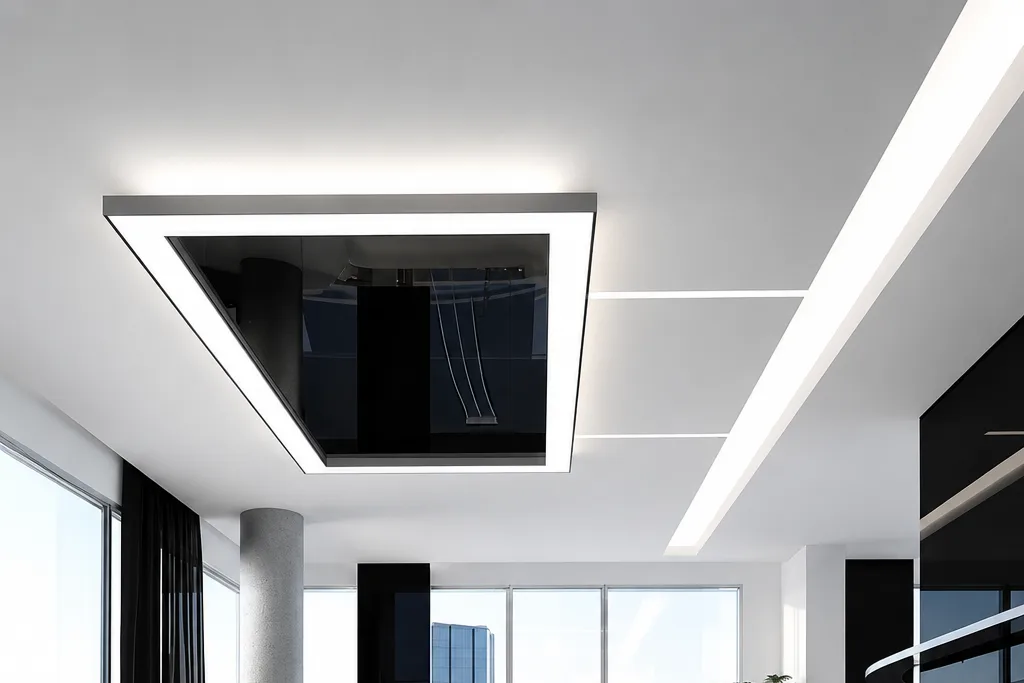 Multi-level Stretch Ceilings Multi-level stretch ceiling with linear LED lighting in a modern living room
