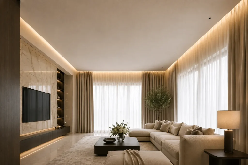 Mirror stretch ceiling with chandelier and warm LED lighting in a luxury living room