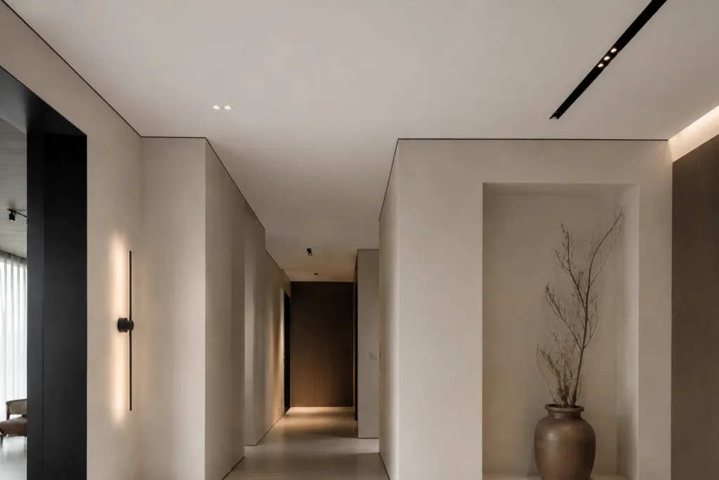 Shadow stretch ceiling with black linear lighting in a modern hallway interior