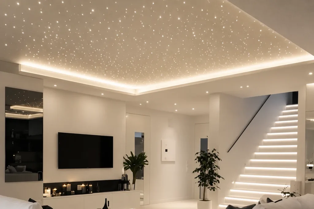 Starry stretch ceiling with warm LED lighting in a modern white living room
