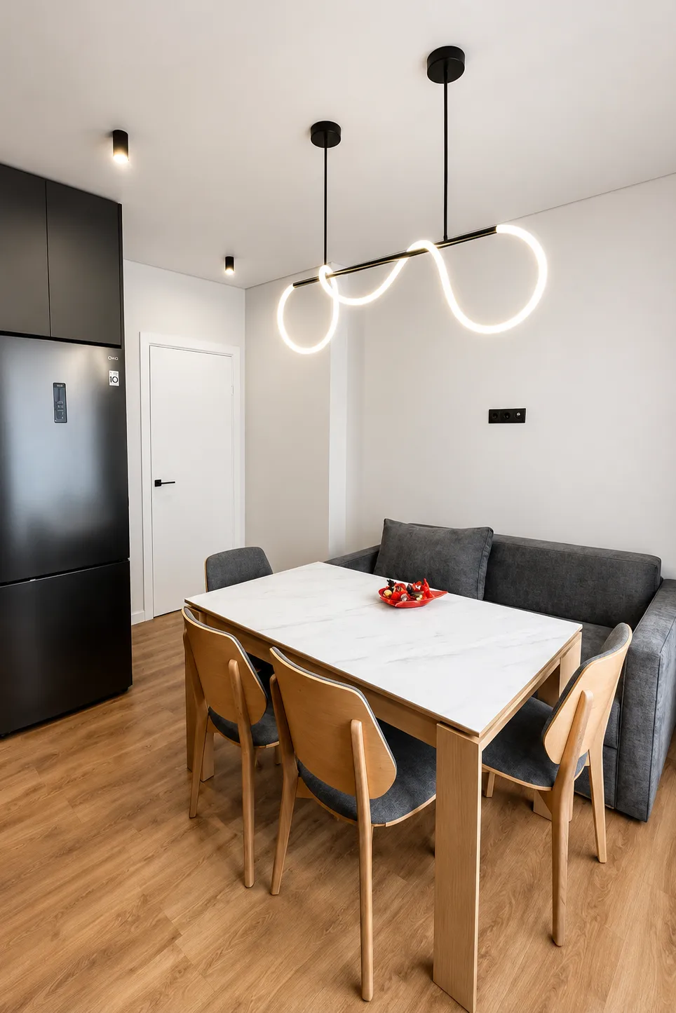 Essex Fabric stretch ceiling with modern pendant lighting in a kitchen dining area
