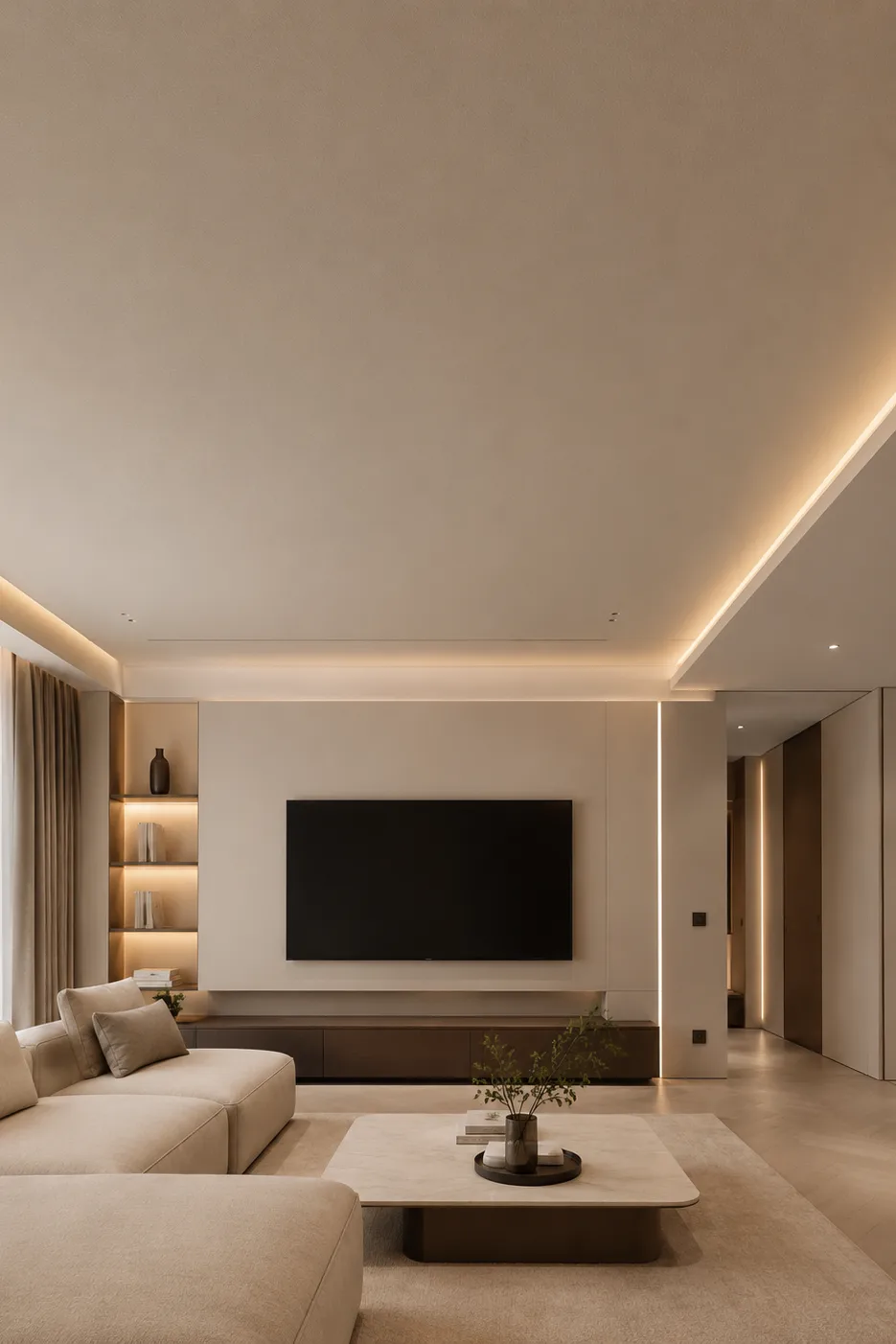 Kent Fabric stretch ceiling with warm LED lighting in a modern living room