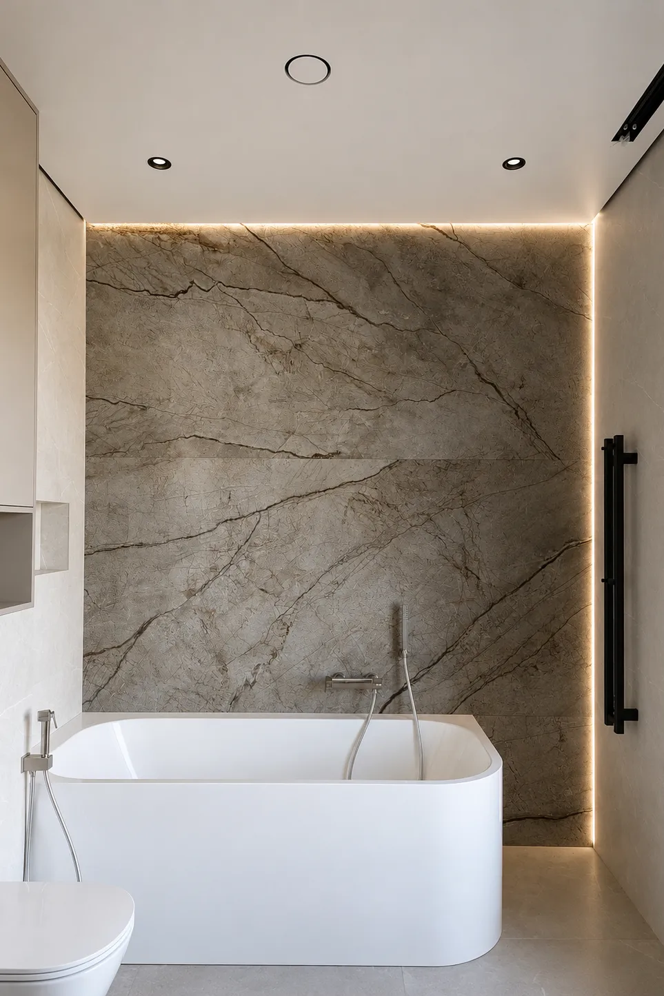 Services Gapless stretch ceiling with warm LED lighting in a modern bathroom