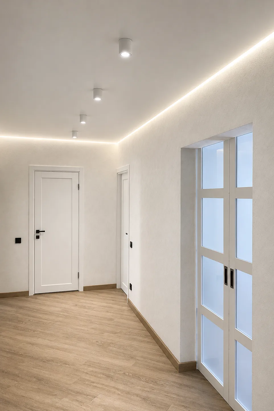 Shadow Stretch Ceilings Gapless stretch ceiling with LED perimeter lighting in a modern hallway