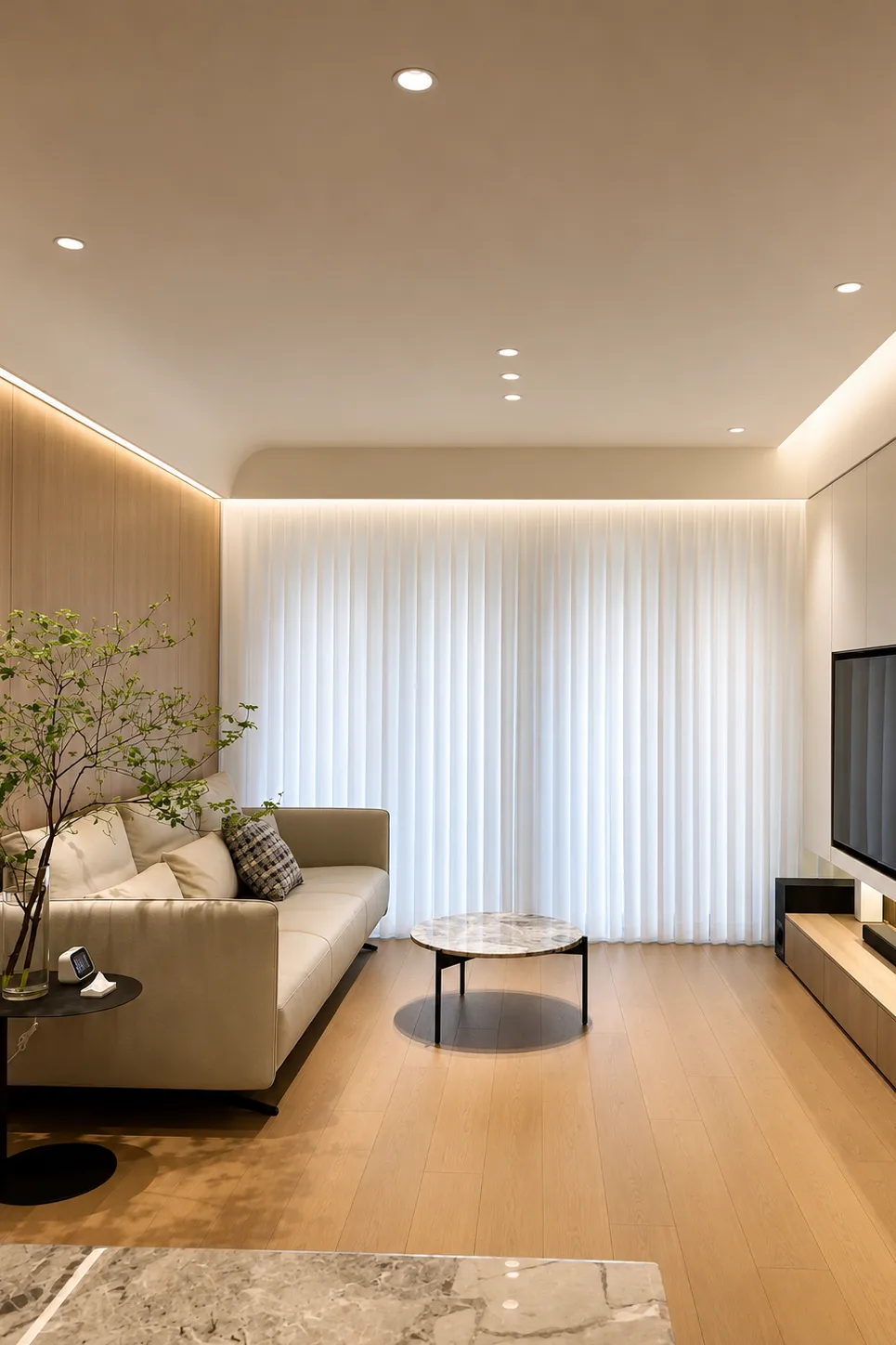 Fabric Stretch Ceilings gapless stretch ceiling living room warm led lighting