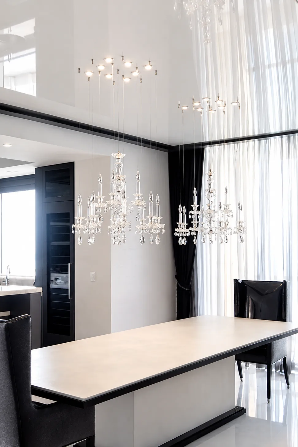 Mirror Stretch Ceilings glossy stretch ceiling dining room crystal chandeliers
