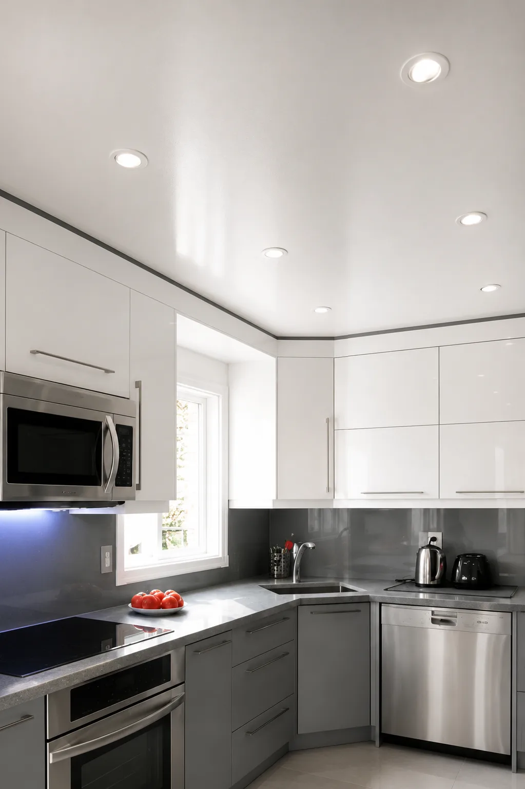 Mirror Stretch Ceilings glossy stretch ceiling kitchen recessed spotlights