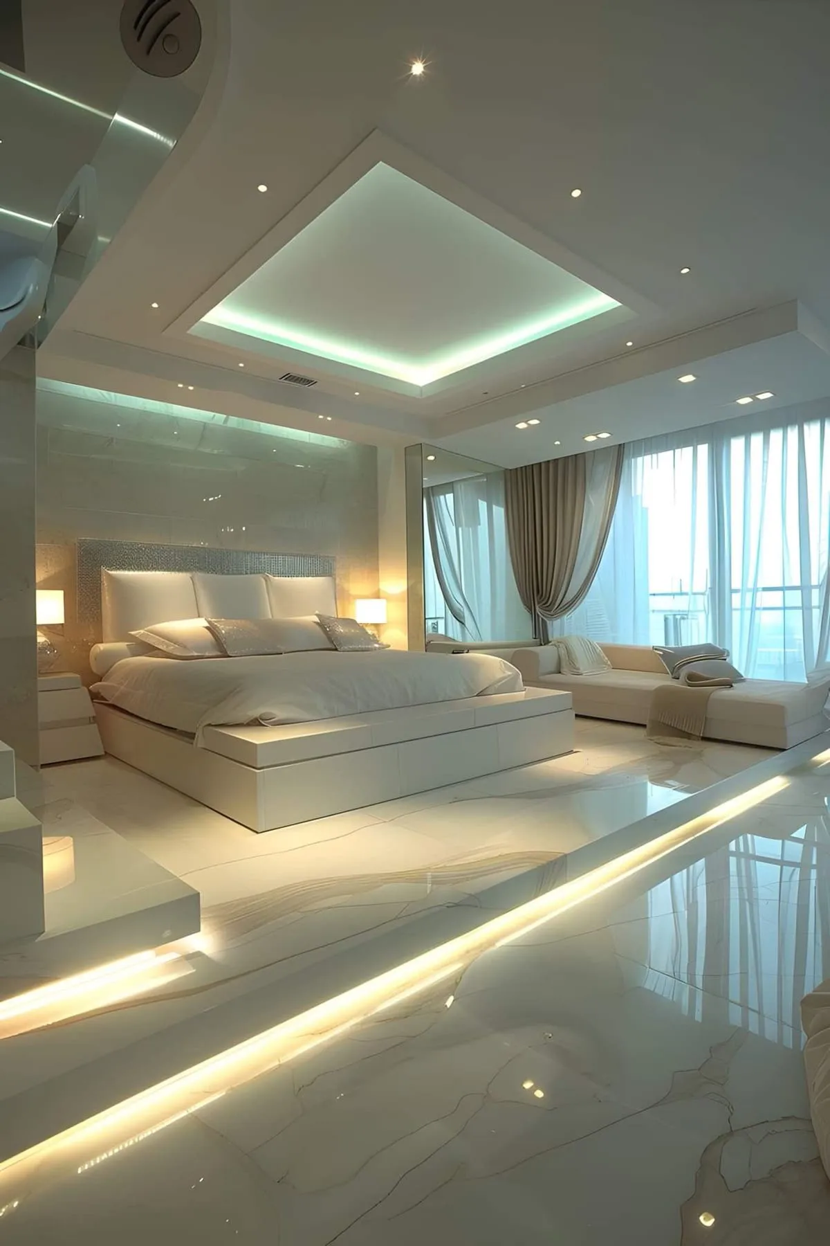 Kent Multi-level stretch ceiling with green LED lighting in a luxury bedroom