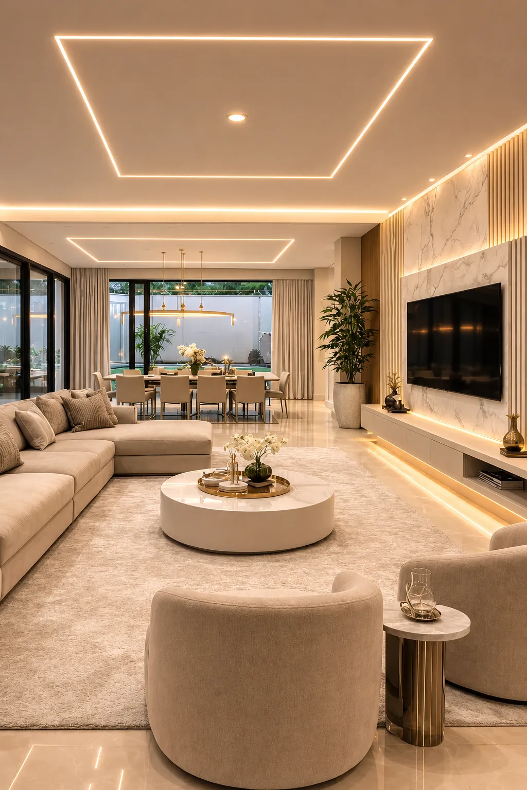 Services Multi-level stretch ceiling with linear LED lighting in a luxury living room