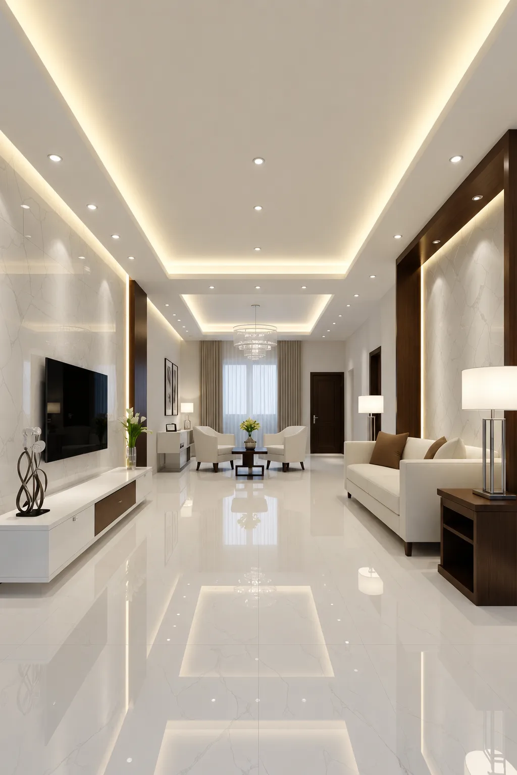Services Multi-level stretch ceiling with warm LED lighting in a modern living room