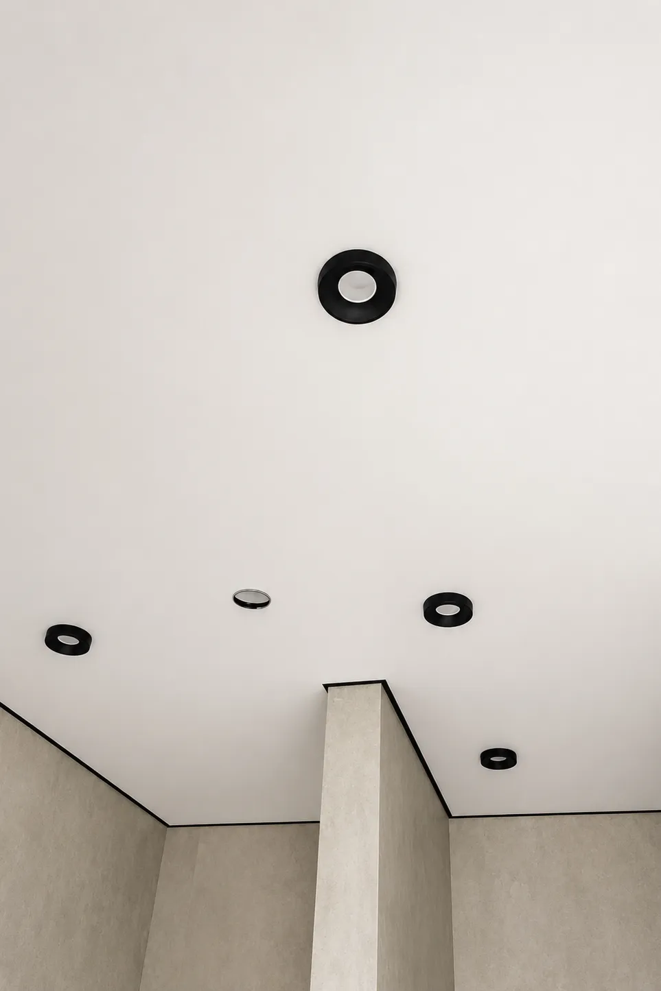 Shadow Stretch Ceilings Shadow stretch ceiling with black recessed spotlights and clean perimeter gap