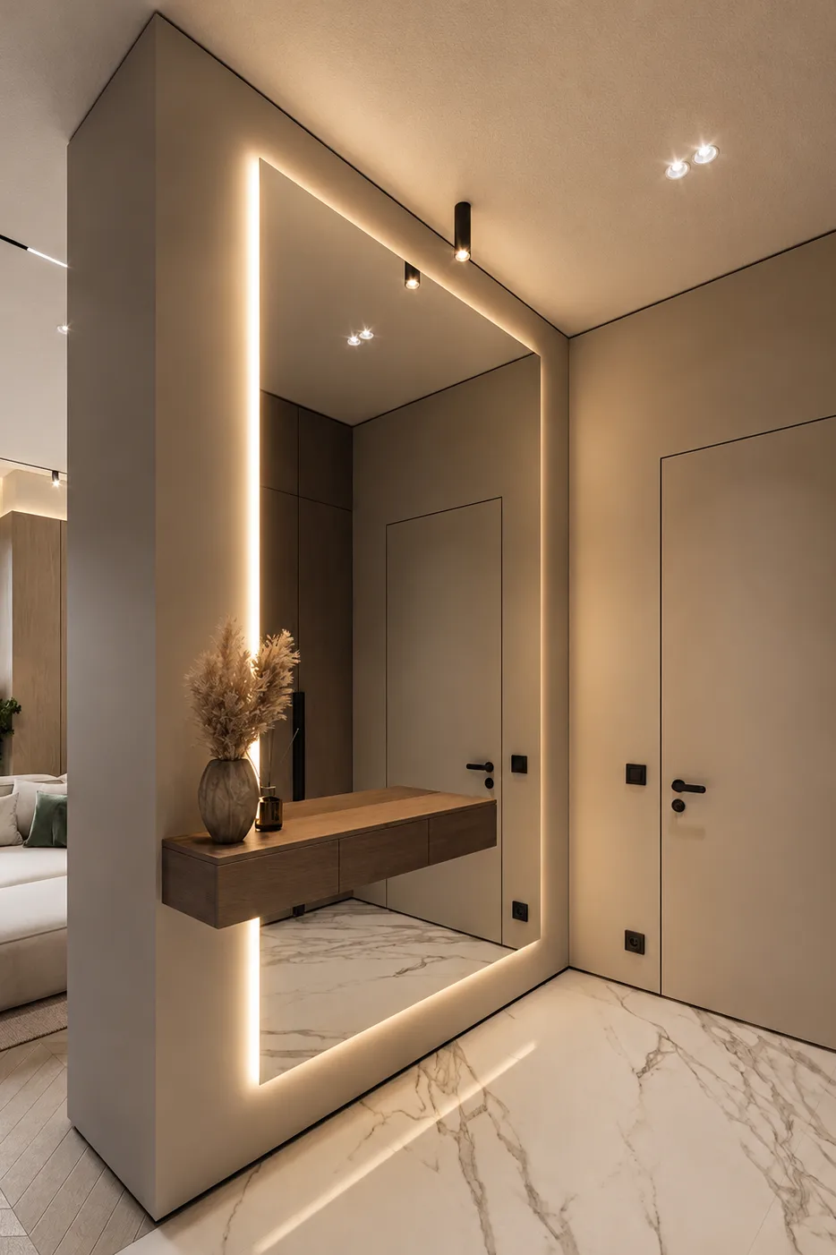 Kent Shadow stretch ceiling with warm mirror LED lighting in a modern hallway