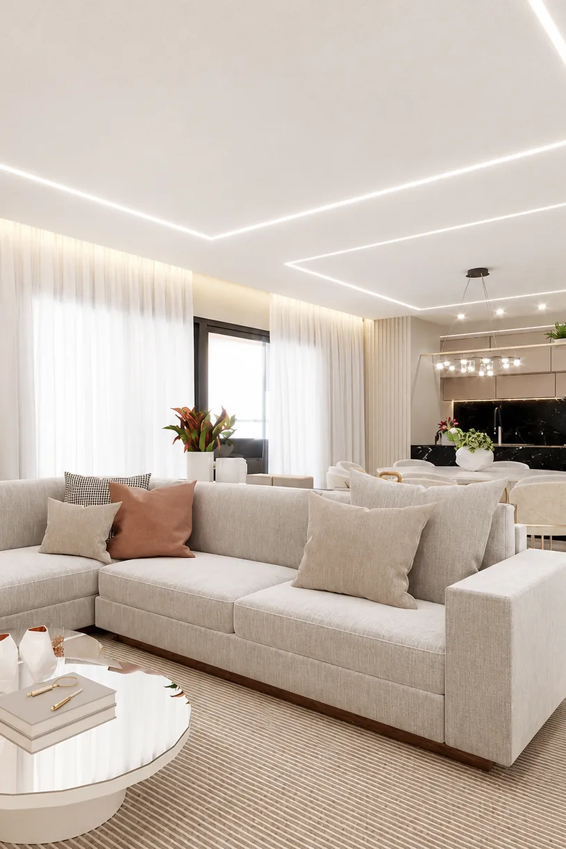 Gapless Stretch Ceilings shadow stretch ceiling living dining room geometric led lighting