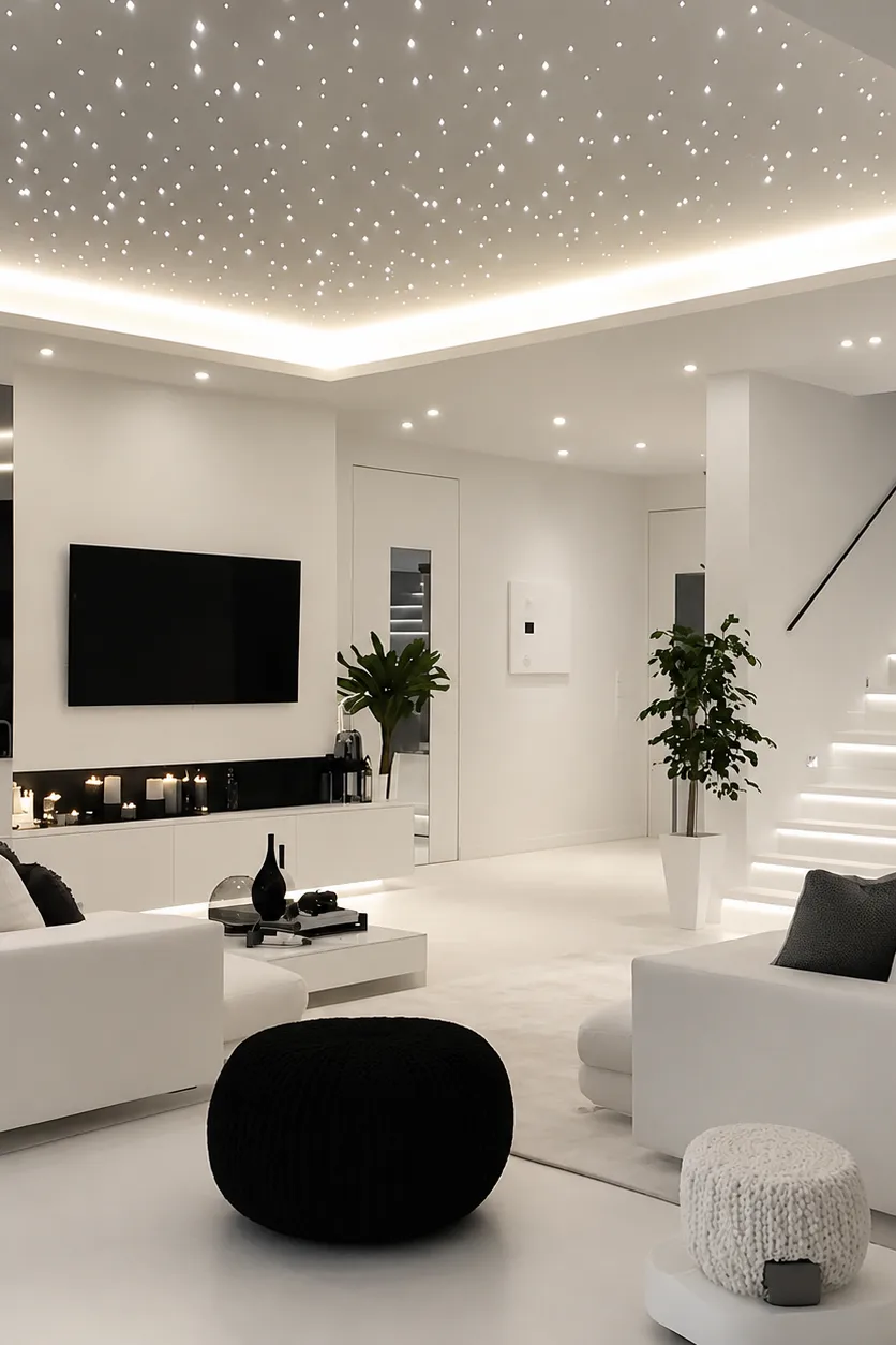 Hertfordshire Starry stretch ceiling with warm LED lighting in a modern white living room